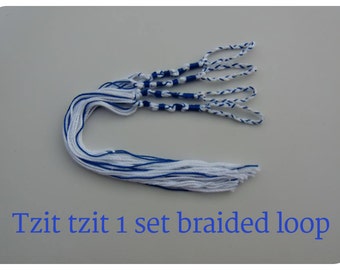 Tzit tzit with braided loops, Blue & White - TZITZIT TZITZIOT Excellent quality, Jewish/Messianic. USA made.