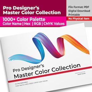 Pode incluir: Um produto digital intitulado Pro Designer's Master Color Collection com uma paleta de mais de 1000 cores com valores Hex, RGB e CMYK. A capa exibe um gráfico vibrante de pincelada em espiral nas cores azul, roxo e laranja sobre fundo branco.