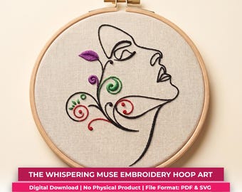 The Whispering Muse Embroidery Pattern PDF | Modern Floral Hoop Art | DIY Line Art Face Design | Botanical Needlework | Instant Download