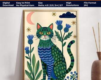 Lámina de gato de estilo folclórico y original / Decoración colorida para la habitación del bebé (Descarga digital)