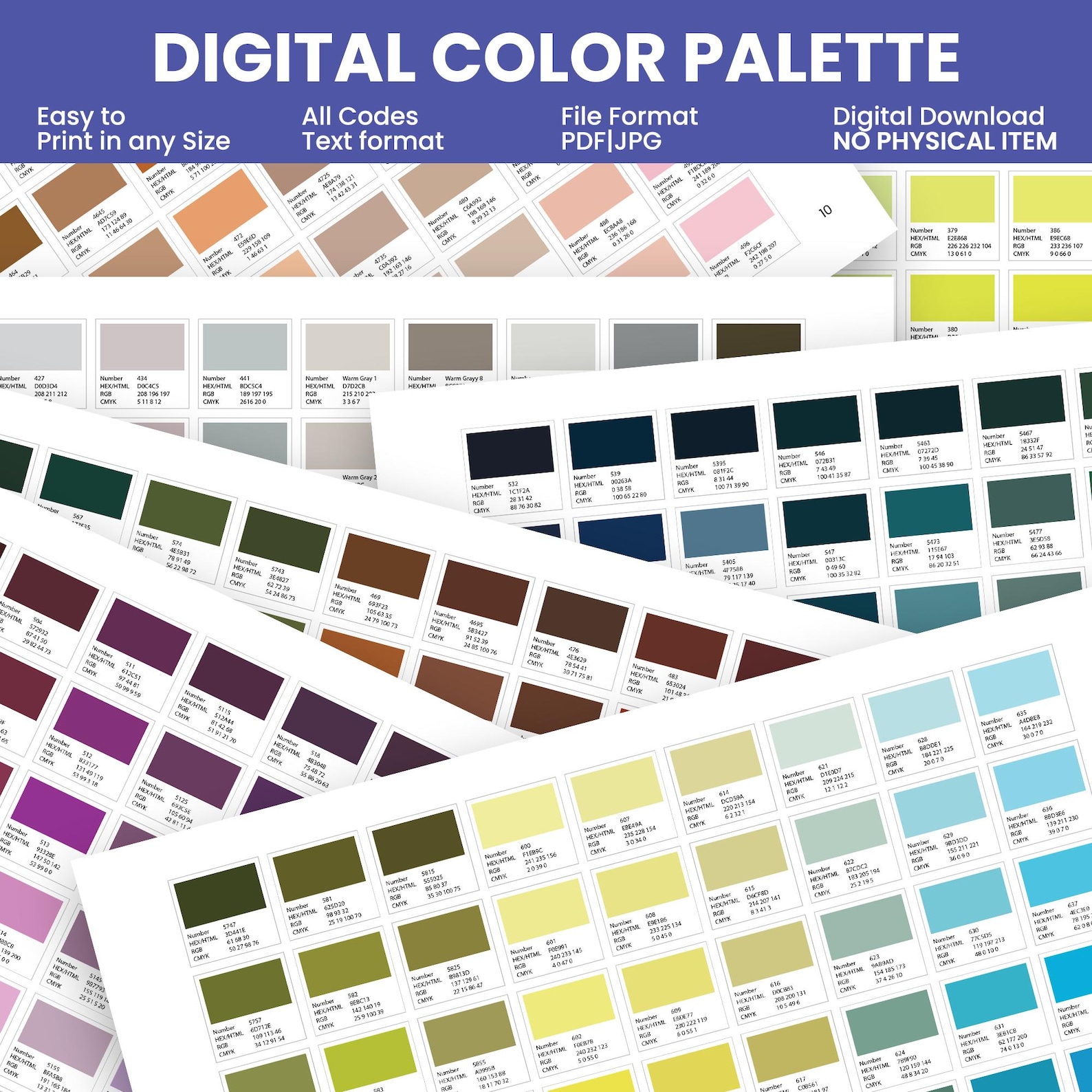 Digital Color Palette | Hex, Rgb, CMYK Codes | Printable Color Chart ...
