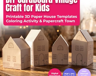 Plantillas de casas de papel 3D / Manualidad de pueblo para hacer tú mismo, actividad para colorear (descarga digital)