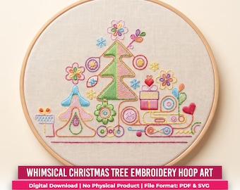 Schema per ricamo di un albero di Natale dai colori pastello, guida al ricamo in stile boho per le feste, disegno floreale geometrico natalizio da ricamo su telaio, PDF digitale immediato
