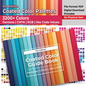 May include: A digital color guide book featuring a gradient of vertical color stripes ranging from deep purple to bright pink. The cover displays the text Pro Edition Coated Color Guide Book Pantone | CMYK | HEX | RGB. The background shows grids of color swatches.