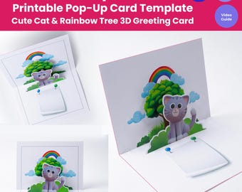 Plantilla imprimible para tarjeta desplegable / Tarjeta de felicitación 3D con un lindo gato y un árbol arcoíris / Manualidad de papel para niños / Descarga digital instantánea