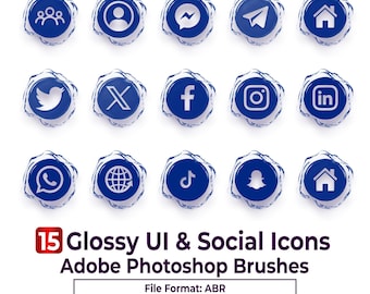 15 Pennelli Photoshop per icone di social media lucide, elementi di design web UI liquidi 3D, timbri trasparenti per icone di app ABR