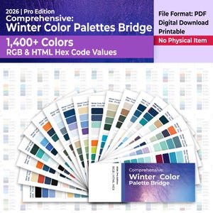 Puede incluir: Una descarga digital de un puente de paleta de colores de invierno con más de 1.400 colores, valores de código hexadecimal RGB y HTML. La imagen muestra un abanico de muestras de color en varios tonos de azul, verde y tonos neutros. El texto dice "2026 Pro Edition" y "No Physical Item."