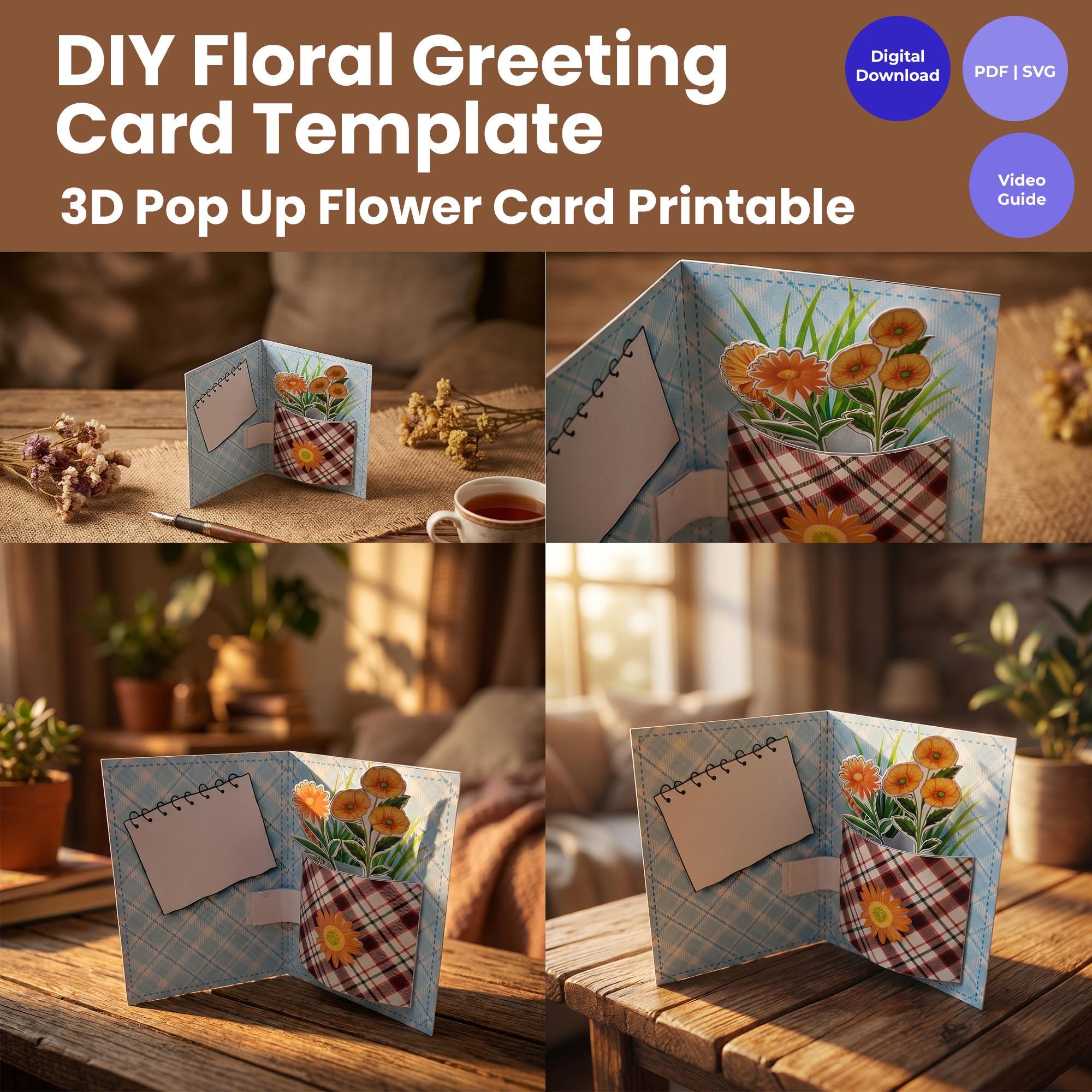DIY Pop up Flower Card Template | 3D Floral Greeting Card Digital ...