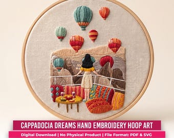 Schema per ricamo a mano Cappadocia Dreams, paesaggio al tramonto con mongolfiera, guida PDF, arte su telaio Boho Girl, download digitale