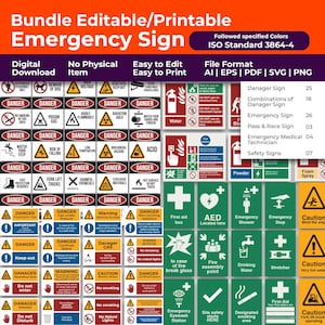 May include: A bundle of editable and printable emergency signs, including danger warnings, safety instructions, and first aid information. The signs are in red, white, and green, with clear text and symbols. The signs are available in AI, EPS, PDF, SVG, and PNG formats.