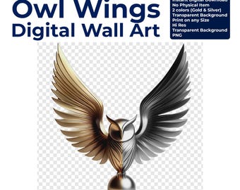 Arte de alas de búho doradas y plateadas: Ilustración moderna de pájaro (descarga digital PNG)