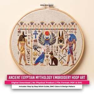 Op de afbeelding: Een ronde houten borduurring met een beige stoffen paneel met gedetailleerd borduurwerk van oude Egyptische figuren, waaronder Anubis, Thoth, een scarabee en een kat, omringd door hiërogliefen en lotusbloemmotieven.