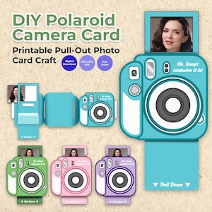 Puede incluir: Manualidad de tarjeta de cámara Polaroid DIY. Tarjeta fotográfica desplegable imprimible en azul, verde, rosa y morado. Cada tarjeta presenta un diseño de cámara con una foto desplegable y el texto "Oh. Snap! Lookwho it is!"