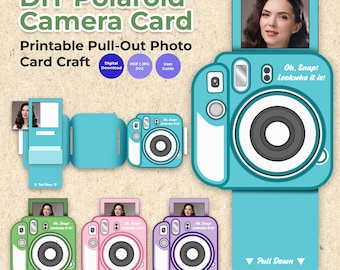 Plantilla imprimible para tarjeta fotográfica desplegable / Manualidad de cámara Polaroid DIY / Tarjeta fotográfica deslizante en formato SVG y PDF / Tarjeta de felicitación interactiva de papel