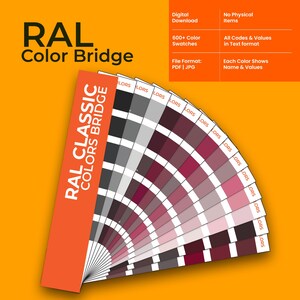 May include: A colour palette fan labelled "RAL Color Bridge" with the text "RAL CLASSIC COLORS BRIDGE." The fan displays a range of colours from black to light pink. Additional text includes "Digital Download" and "600+ Colour Swatches."