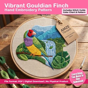 Könnte beinhalten: Ein Handstickmuster in einem Holzrahmen mit einem farbenfrohen Gouldamadine mit rotem Kopf, violetter Brust und gelbem Bauch auf einem Ast. Das Design zeigt einen Wasserfall, blaue Berge und grünes Blattwerk. Ein braunes Etikett trägt die Aufschrift AMZE THREADS.