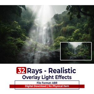 Peut inclure: Une fiche produit numérique montrant une cascade avec des rayons lumineux, intitulée 32 Rays - Realistic Overlay Light Effects, File Format: ABR, Digital Download | No Physical Item. L'image montre une forêt verte luxuriante avec une cascade.