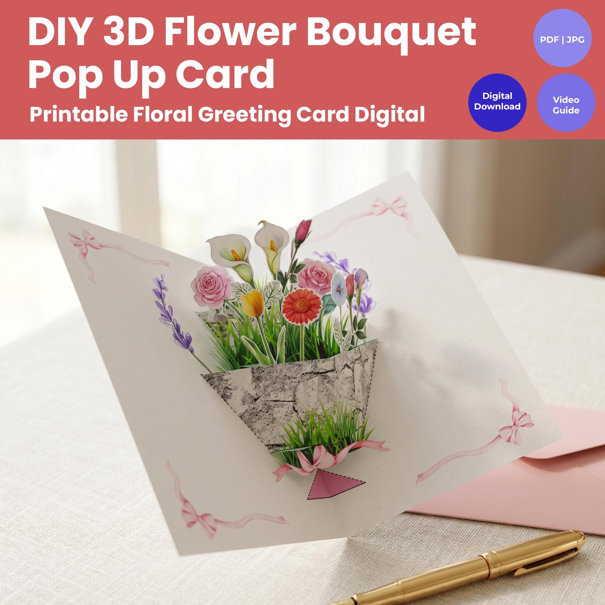 3D Flower Bouquet Pop up Card Template | Printable Floral Greeting Card ...