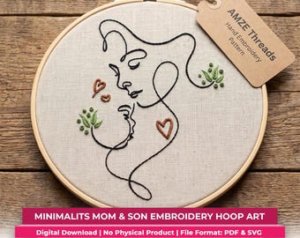 Minimalist Embroidery Pattern | Mom and Son Line Art | DIY Botanical Hoop Art Digital Download | Modern Minimal Stitch Design