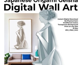 Lámina artística de geisha de origami: Decoración minimalista japonesa (descarga digital)