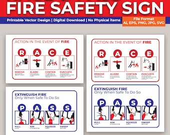 Señal de seguridad contra incendios RACE & PASS: Instrucciones de emergencia en el lugar de trabajo (Descarga digital)