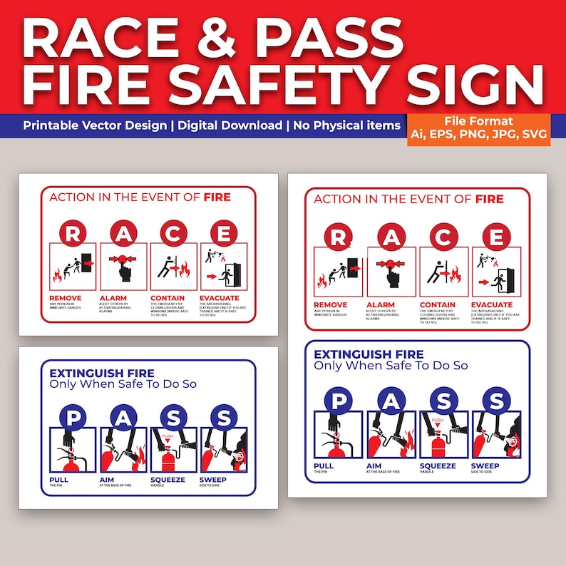 Pass Fire Graphics RACE & PASS Fire Safety Sign: Workplace Emergency Instructions (digital ...