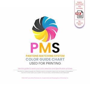 以下が含まれることがあります： 「PMS PANTONE MATCHING SYSTEM COLOR GUIDE CHART USED FOR PRINTING」のテキストが入った白いデジタルダウンロードグラフィック。カラフルな円形デザインとPDFアイコンが含まれています。テキストは色の選択についてアドバイスしています。