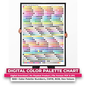 Op de afbeelding: Een rechthoekige ingelijste poster met de titel DIGITAL COLOR PALETTE, voorzien van een raster van meer dan 900 kleine gekleurde vierkantjes. Elk vierkantje toont bijbehorende kleurcodes, inclusief nummers, HEX, HTML, RGB en CMYK-waarden.