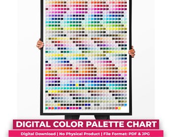 Tabella digitale della tavolozza dei colori, oltre 900 codici HEX RGB CMYK, poster stampabile per la progettazione grafica, guida di riferimento professionale ai colori, download digitale.