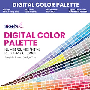 Puede incluir: Un gráfico de paleta de colores digitales con un degradado de muestras de color. El texto dice "PALETA DE COLORES DIGITAL" e incluye información sobre números, HEX/HTML, RGB y códigos CMYK. Diseñado para diseño gráfico y web.