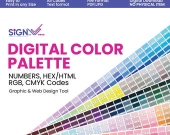 Paleta de colores digital / Códigos hexadecimales, RGB y CMYK / Tabla de colores imprimible para diseño gráfico y web / Descarga instantánea en PDF, JPG y PNG