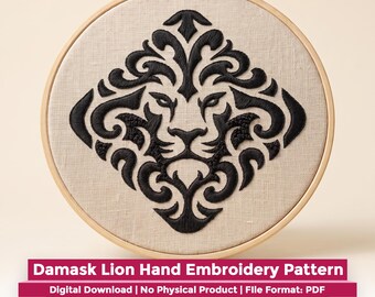 Motivo leone damascato, ricamo a mano, animale in stile blackwork, decorazione tribale gotica, arte moderna della filigrana, cerchio da ricamo fai da te, artigianato con volto di animale