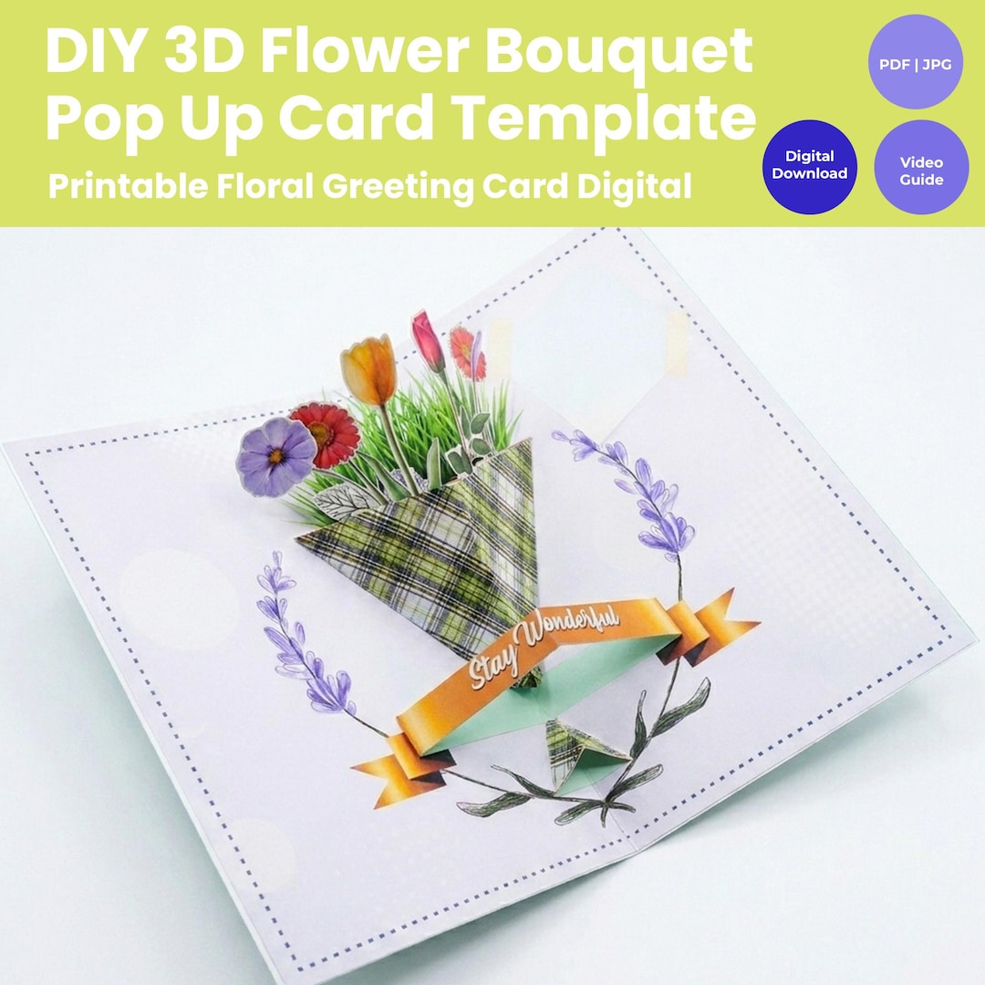 3D Flower Bouquet Pop up Card Template | Watercolor Floral Greeting ...