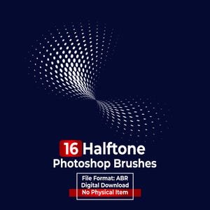 May include: A digital graphic featuring a white halftone dot pattern on a dark blue background. The text reads 16 Halftone Photoshop Brushes, File Format: ABR, Digital Download, No Physical Item. This is a set of digital design assets.
