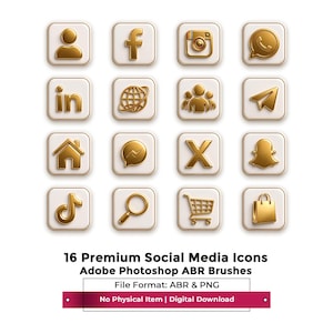 May include: A set of 16 gold-colored social media icons arranged in a four-by-four grid on white square backgrounds. The icons include symbols for user profiles, social platforms, messaging, navigation, search, shopping carts, and shopping bags.