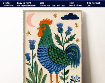 Lámina con ilustración de gallo colorido / Arte para cocina de estilo rústico (Descarga digital)