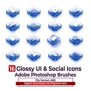 Puede incluir: Una colección de 16 iconos sociales y de interfaz de usuario azules, brillantes y en forma de diamante, dispuestos en una cuadrícula. El texto a continuación dice 16 Glossy UI & Social Icons Adobe Photoshop Brushes, File Format: ABR, Digital Download | No Physical Item.