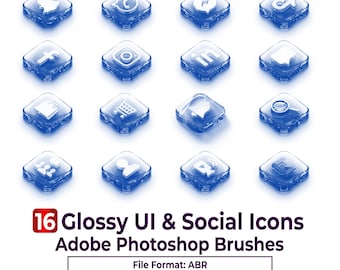 16 Pennelli Photoshop per icone 3D lucide per social media, elementi UI in vetro trasparente, timbri per icone di app Glassmorphism ABR, download digitale