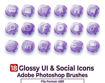 18 Pennelli Photoshop per icone di social media in vetro 3D, Glassmorphism ABR per interfaccia utente lucida, Pennelli trasparenti per icone di app