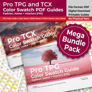 May include: A digital download bundle of Pro TPG and TCX colour swatch PDF guides for fashion, home, and interiors. The graphics feature landscape imagery, a pink tree, and a maroon starburst badge labelled Mega Bundle Pack with white text.