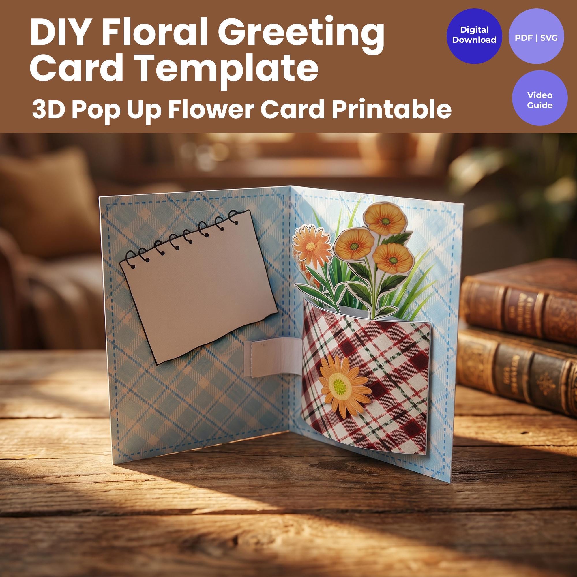 DIY Pop up Flower Card Template | 3D Floral Greeting Card Digital ...