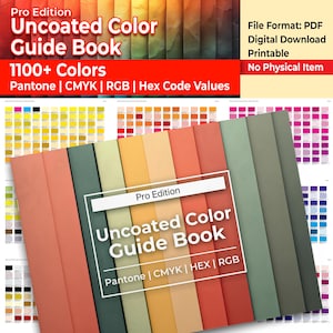 Może przedstawiać: Cyfrowy przewodnik po kolorach zatytułowany Pro Edition Uncoated Color Guide Book zawierający ponad 1100 kolorów z wartościami Pantone, CMYK, RGB i Hex. Obraz przedstawia serię pionowych próbek kolorów w odcieniach czerwieni, pomarańczu, zieleni i szarości.