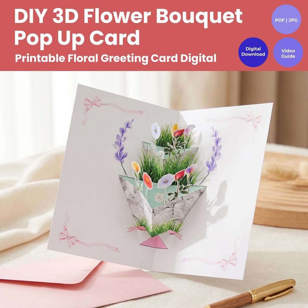 3D Flower Bouquet Pop up Card Template | Printable Floral Greeting Card ...