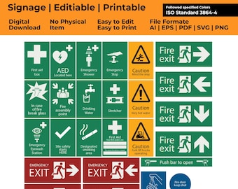 Paquete de señalización de emergencia médica / Etiquetas vectoriales de seguridad según la norma ISO (descarga digital)
