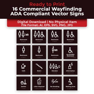 16 ADA Compliant Wayfinding Signs SVG Bundle, Commercial Braille Restroom Door Signs (Digital Download)