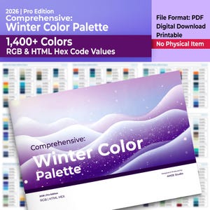 Puede incluir: Un producto de descarga digital titulado "Paleta de colores de invierno" con más de 1.400 colores y valores de código hexadecimal RGB y HTML. La portada presenta un diseño de paisaje invernal púrpura y blanco. El formato de archivo es PDF.