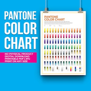 Könnte beinhalten: Ein Pantone-Farbtabelle-Druck mit einem Raster von Farbfeldern in verschiedenen Farbtönen. Die Tabelle enthält den Text "PANTONE COLOR CHART" und "NO PHYSICAL PRODUCT DIGITAL DOWNLOAD PRINTABLE PDF | JPG PRINT ON ANY SIZE."