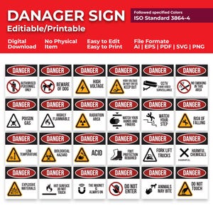 May include: A printable "DANGER" sign with various safety symbols and warnings, including "High Voltage," "Beware of Dog," and "No Smoking." The sign is available as a digital download in multiple file formats.
