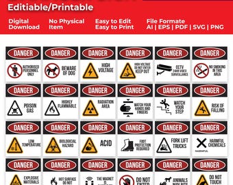 Paquete de señales de peligro en formato SVG / Seguridad en el lugar de trabajo, etiquetas de advertencia de peligro (descarga digital)