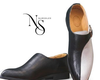 Handmade Men's Two-Tone Black and White Leather Monk Strap Shoes